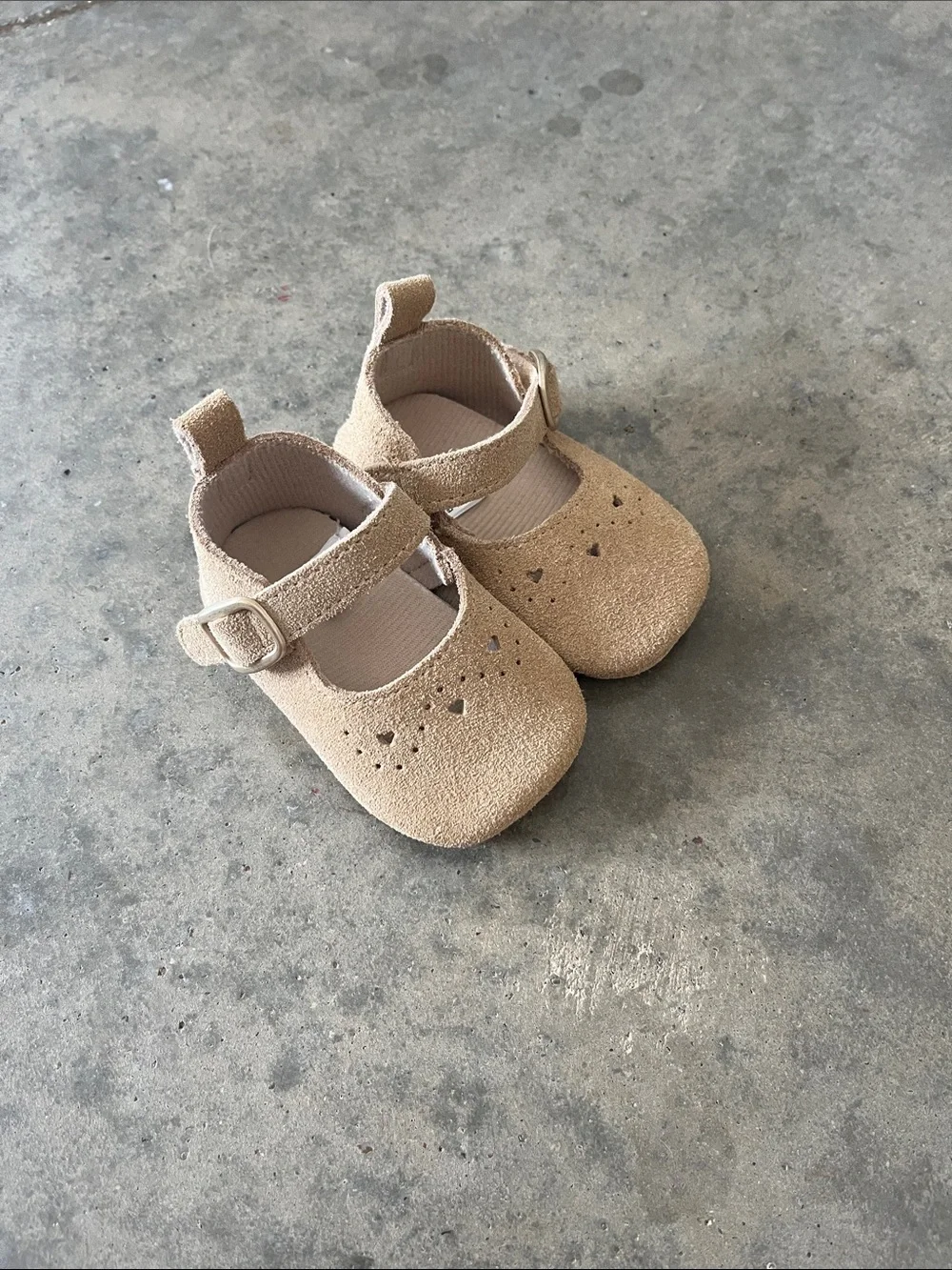 BearPaw Tan Mary Jane Baby Shoes with Heart Cutouts